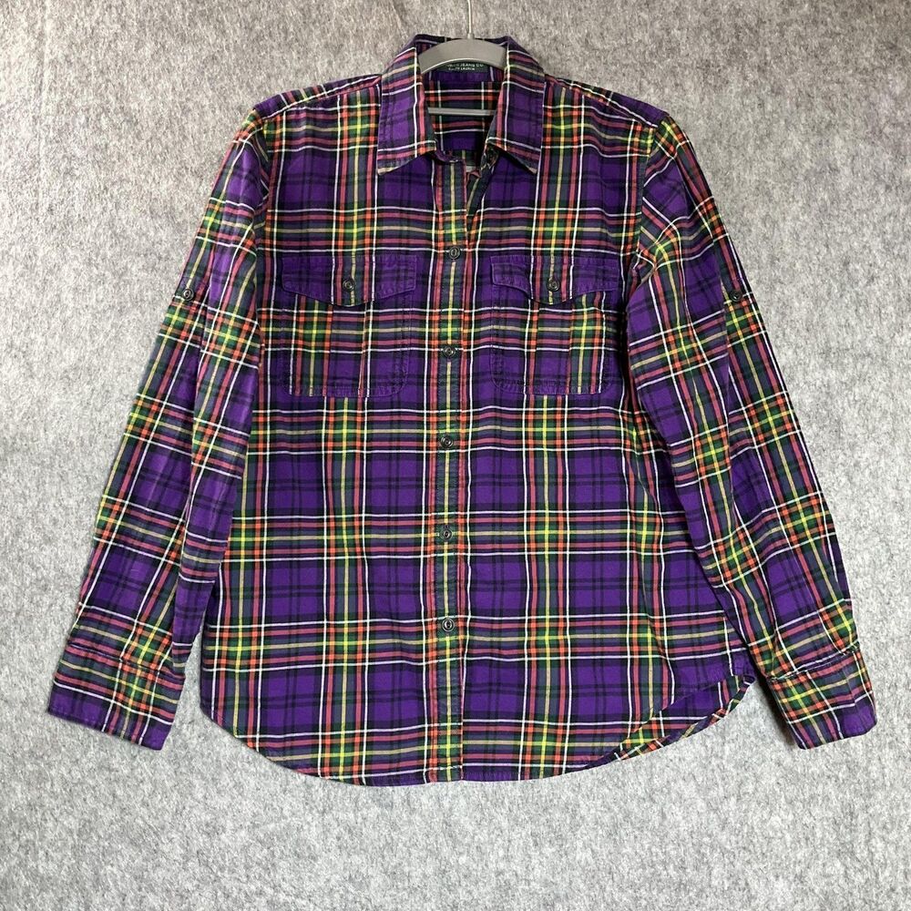 Ralph Lauren LRL Shirt Womens Medium Purple Plaid Flannel Button Front Pockets